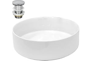 ECD Germany Lavabo Salle de Bain - Ø 355 x 120 mm - en Céramique - Ronde - Blanc - Lave-Mains Évier - Lavabo Vasque à Poser sur Meuble - Design Moderne - avec Kit de Vidange sans Trop-Plein