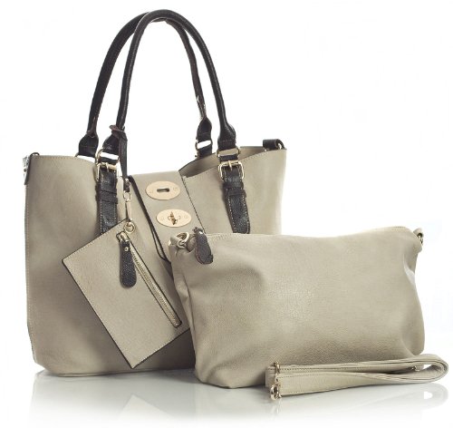 Big Handbag Shop Womens Faux Leather 3 in 1 Handbag with Make up Purse (9906 Light Beige)