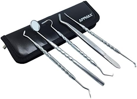 Appmax Dental Hygiene Kit For Home &amp; Dentist Using | Calculus &amp; Plaque Remover Set | Stainless Steel Tarter Scraper, Dental Pick, Dental Scaler, Toothpick And Mouth Mirror - Deep Teeth Cleaning Tools to Maintain High Oral Care - Tools used by Dentist - Specail for Pets Cat and Dog | Anti Bacterial Protective Case Offering Protector (Red Leather Pack)