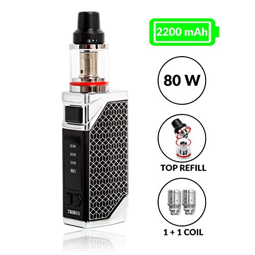 E-Cig Starter Vape Kit by Tribus |Stainless| Vape Pen| Steel Tank Led Display| Built in 2200 mAh Battery 80W| Refillable 2.0 ml Bin with Top Fill 0.2 Ohm| Strong Endurance |Huge Clouds No Nicotine|