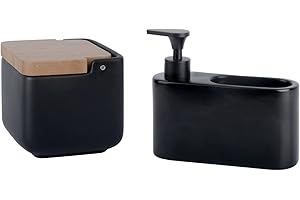 KOOK TIME Juego de Accesorios de Cocina | Incluye 1 x Salero de Cocina con Tapa basculante de Bambú y 1 x Dispensador de Jabón de Cocina con Hueco para Guardar el Estropajo | Negro Mate