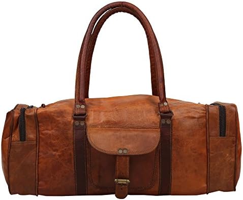 9" Inch Tall x 20"inch long Full Grain Leather The Rustic Collection Handcrafted 100% Genuine Organically Cured Leather Cargo Duffle Bag For Light Travel or Gym Collection By Indicraft Inc
