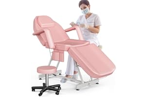 ONPNO Salon Beauty Bed and Hydraulic Stool, Adjustable 3-Section Massage Table w/Detachable Head Cushions, Professional Tattoo Chair, Facial Lash Bed for Client/Esthetician (Pink)