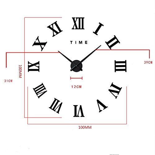 FAS1 Moderne DIY Große Wanduhr Big Armbanduhr Aufkleber 3D Spiegel Aufkleber Römischen Ziffern Wanduhr Home Office Abnehmbarer Dekoration (Akku Nicht Enthalten) Schwarz - 5