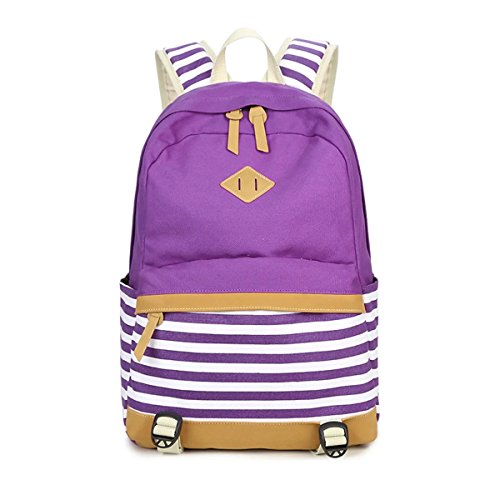 Preisvergleich Produktbild Fashion Mädchen Schulrucksack Damen Canvas Rucksack Teenager Baumwollstoff Streifen Schultasche Daypacks für Universität Outdoor Freizeit (Lila)