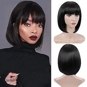 Foreign Holic Black Wig Short Bob Wigs with Bangs for Women Straight Hair Wig Synthetic Party Wigs for Women Girls 12 Inch