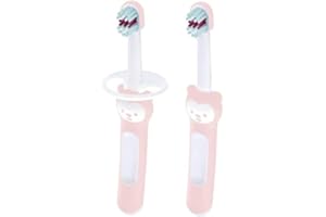MAM Baby’S Brush Spazzolino in Set da 2, con Anello di Sicurezza, Impugnatura Corta Specifica per Denti da Latte, 6+ Mesi, Rosa