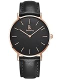 Alienwork Damen Herren Armbanduhr Quarz Rose-Gold mit Lederarmband schwarz Ultra-flach Slim-Uhr