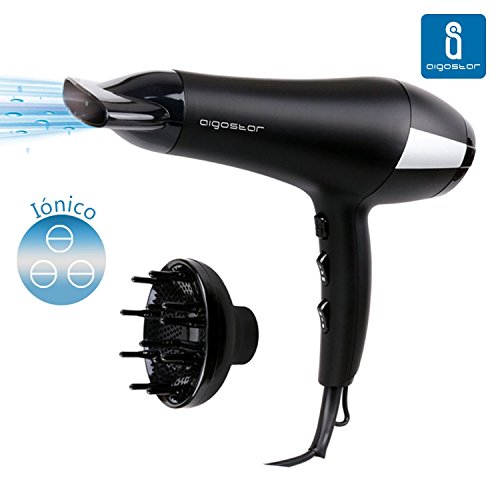 Aigostar Monique 32HIE - Secador profesional iónico de pelo en color negro con difusor y accesorios. 2400 watios. Diseño exclusivo...