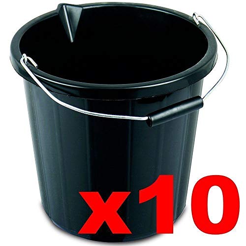 10 x Black Builders Bucket Plastic 12 Litre 12L Strong Water Mixing
