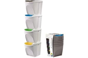 KrysGo 20 Litre Large Stackable Recycling Sorting Colour Coded Plastic Bins with Hinged Lids (4 x White)…