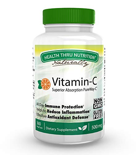 Superior Absorption Vitamin-C 500mg as PureWay-C® (360 VegeCaps) Non GMO and Free from Common excipients Such as Magnesium Stearate and Silica by Health Thru Nutrition (360)