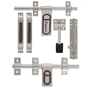 Klaxon Aloy Steel Sparrow Door Accessories Set | Door Door Fittings Full Set | Door Hardware Accessories Kit | 1 Aldrop, 1 Latch, 2 Handles, 1 Tower Bolt and 1 Door Stopper