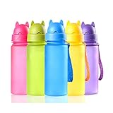 Bonito diseño y muchos colores: la tapa como el gato cabeza, bonito diseño, 5 colores: azul, rojo, verde, morado and Amarillo. Tamaño: Botella Altura con tapa: 212 mm, Diámetro (botella inferior): 65 mm, Peso: 100g, capacidad: 400 ml, ideal para niños y escuela
