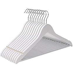 SONGMICS Cintres en Bois pour Costumes, 10 pièces, sans Morceaux d'érable, avec Bandes Anti-dérapantes, Code, Design Ergonomique, Taille 44,5 cm, Crochet tournant 360 °, Blanc CRW03W10