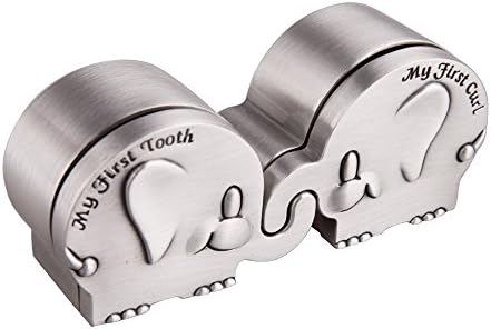 First Curl and First Tooth Keepsake Box for Kids Metallic Engraved Elephant Shape (2.4 x 1.6 x 1.2 inches)
