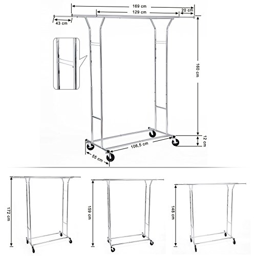 Songmics Schwerlast Metall Kleiderständer auf Rädern, bis 110 kg belastbar, Länge: 129-189 cm, Chrom HSR12S - 3