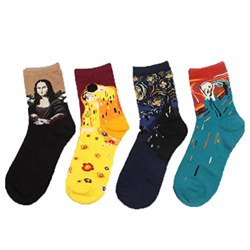 4 Paires Chaussettes Femme Homme Hiver en Coton Unisexes Art Rétro Peinture Chaussettes Peinture à l'Huile Cadeau de noel Chaussettes