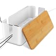 Firschoie Boîte De Rangement Câbles En Bambou Et ABS – Organisateur De Fils Avec Couvercle, Cache-Multiprise Design Élégant, Blanc – Parfait Pour Bureau, Salon Ou Chambre