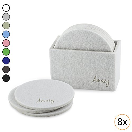 Amazy Filz Untersetzer (8 Stück) – Dekorative Glasuntersetzer aus Filz für Tisch und Bar mit praktischer Aufbewahrungsbox (Rund, Weiß)