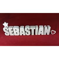 Beton, Steinguss Buchstaben 3D Deko Namen SEBASTIAN mit Stern und Herzklammer als Geschenk verpackt! Ein ausgefallenes Geschenk zur Geburt, Taufe, Geburtstag, Namenstag oder auch zu anderen Anlässen.
