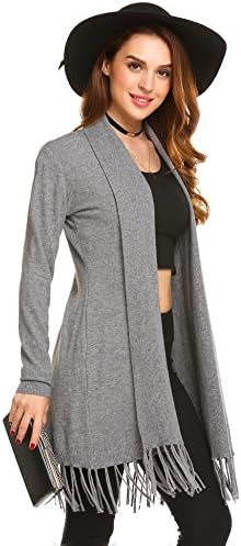 zeela Womens Ladies Spring Elegant Tassel Cardigan Long Sleeve Open Front Solid Thin Long Sweater Knit Outwear