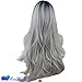 Eseewigs Synthetic Long Wave Ombre Wig Two Tones Black Rooted Grey Heat Resistant Cheap Middle Part Wig 130% High Density for Women