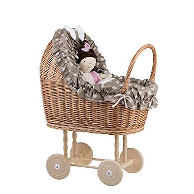 e-wicker24 Poussette pour Poupée - Landau - Beige Pousette en Osier avec Roues en Bois