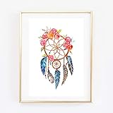  Din A4 Kunstdruck ungerahmt - Traumfänger Dreamcatcher Blumen Federn Boho Chic Aquarell Geschenk Druck Poster Bild