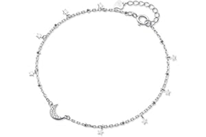 IMINI Dainty Star Crescent Moon Anklet Sterling Silver 925 Dangling Charm CZ Crystal Adjustable Foot Ankle Bracelet Sandbeach Party Foot Chain Summer Jewelry Gifts for Women Girls BFF