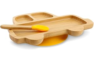 BIOZOYG Zestaw bambusowych talerzy do samochodu I Talerz przyssawka z łyżką - certyfikat FSC I uroczy zestaw misek drewnianych bambusowych dla dzieci - talerz pt. Dziecko I Baby Bamboo Żółta zastawa