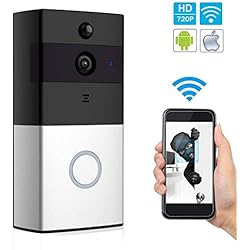 Sonnette Vidéo sans Fil avec Caméra HD, Objectif Grand Angle, Intercom Audio Bidirectionnel, Carte TF 8 Go, Vision Nocturne IR, Détection de Mouvement PIR, Télécommande Intelligente APP pour iOS et Android via WiFi 2,4 G