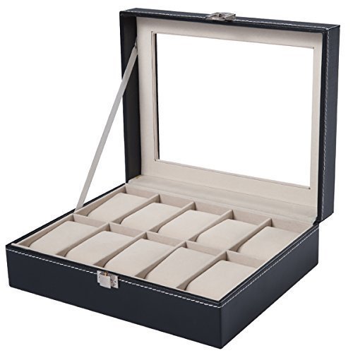 DXP Caja para 10 Relojes, Caja de exposición para 10 relojes piel sintética, color negro KSB02