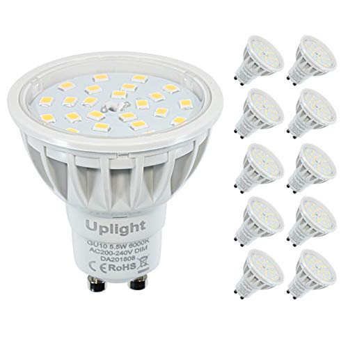Regulable GU10 LED bombillas Blanco frío 6000K 600LM Equivalente 50-60W Luz halógena AC200-240V Ra85 120 grados ángulo de haz LED Spotlight (Paquete de 10 unidades ).