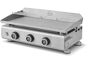 BRASERO - Plancha Silvia EVO 3 Feux Brasero - Plaque Inox de 67 x 34 cm - 3 brûleurs - Grille de réchauffement - Piezo intégré - Tiroir Graisse avec jauge de niveu - Jusqu'à 10 convives - 7,95 KW