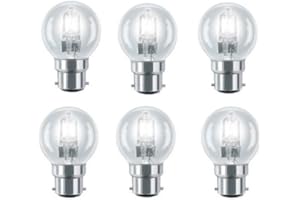 Status, Tesco, GE, Sylvania 6 Pack Eco Halogen Mini Globes 28W (=35W-40W) BC B22 B22d Classic Clear Round Energy Saver Light Bulbs, Bayonet Cap, Golf Ball Dimmable Lamps, 340-370 Lumen, Mains 240V