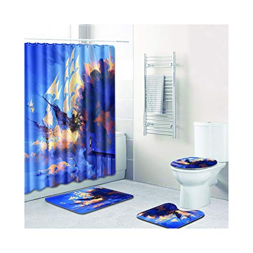 Gnzoe 4 PCS Shower Curtain & Baths Mats And Rugs Set Polyester Pedestal Rug & Toilet Seat Cover & Bath Mat Boat on the Sea Style 08 (50x80cm)