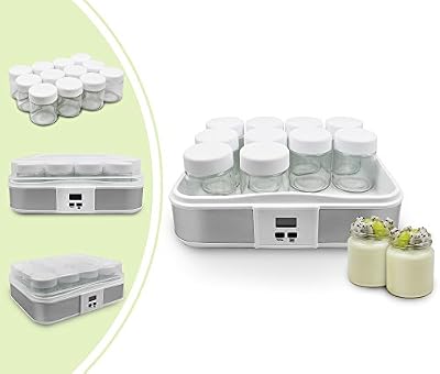 Leogreen - Yaourtière, Machine pour Yahourt Naturel, 12 pots, avec minuteur, 30,6 x 25 x 12,4 cm, Blanc, Capacité par jar: 0,21L, Réglage de la minuterie: 0-15 heures