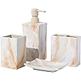 RQYIXI Ceramic Bathroom Accessory Set Complete 4 Pieces Retro Style Water Transfer Printing Fadeless Soap Dispenser & Toothbrush Holder Sets(Marble Beige)
