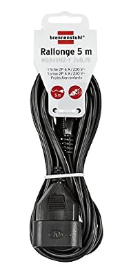 Brennenstuhl Cordon prolongateur (5 m) avec fiche 2P (6A/230V) & prise 2P (6A/230V), rallonge électrique avec câble H03VVH2-F 2x0,75, noir, Quantité : 1