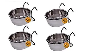 Sage Square Rustproof Stainless Steel Cage Food, Seed, Water Feeder Cum Bowl with Holder clamp for Birds (225ml) (Set of 4)