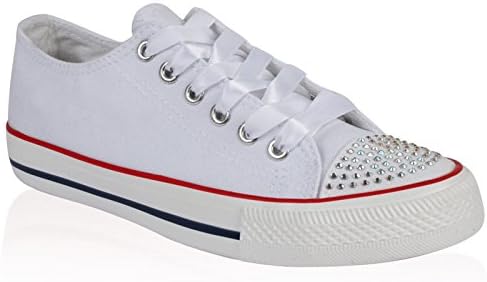 LADIES WOMENS GIRLS FLAT DIAMANTE PLIMSOLLS PUMPS CANVAS TRAINERS SHOES SIZE 3-8 (UK 3 / EU 36 / US 5, White)