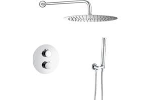 VALAZ Ducha Empotrada Cromada | Ducha Termostatica 2 Vías, Rociador Efecto Lluvia | Instalación en Pared Fácil y Rápida | Inoxidable, Redonda, Rociador 20 cm, Serie Jucar