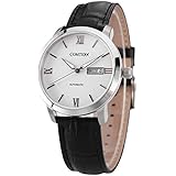 Comtex Herren Armbanduhr Automatik Weißes Ziffernblatt Schwarz Leder Tag Datum Uhren