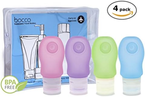 Bocco Leak Proof Squeezable Travel Bottles, Flight Cabin Approved Travel Accessories for Hand Luggage - Perfect for Liquid Toiletries - 4 Pack (All Medium 2 oz / 60ml Bottles) (Blue/Pink/Green/Purple)
