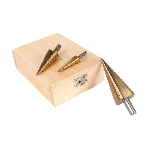 FeelGlad(TM) Professionelle HSS TiN Profi Stufenbohrer im 3er-Set: 4-12mm/ 4-20mm/ 4-32mm Schälbohrer Konusbohrer Kegelbohrer Fräser – Gold - 6