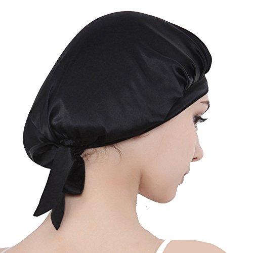 Natürliche Seide Schlaf Nacht Cap Kopf Abdeckung Haube für Haar Schönheit Hut (Schwarz) - 4