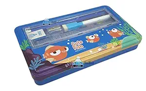 FunBlast Pencil Box for Kids, Metal Pencil Box Case with Pencil, Eraser, Sharpener Stationery Set ? Double Layer Pencil Case Stationary Organizer for Kids, Boys, Girls (Cute Fish)