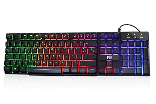 Rii RK100  Gaming Teclado Retroiluminado con 5 colores arco iris  Tacto mec  nico y alta sensibilidad  Con cable  Color negro  Teclado Espa  ol 