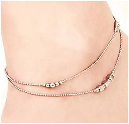 TT&amp;SHOUSHI Bohemien Ankle Bracelet Beads Chain Double Layers Silver Matt Beads Beach Anklet Foot Jewelry